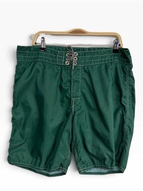 Birdwell Beach Britches Board Shorts Green Nylon Lace Up Surf Trunks Size 38